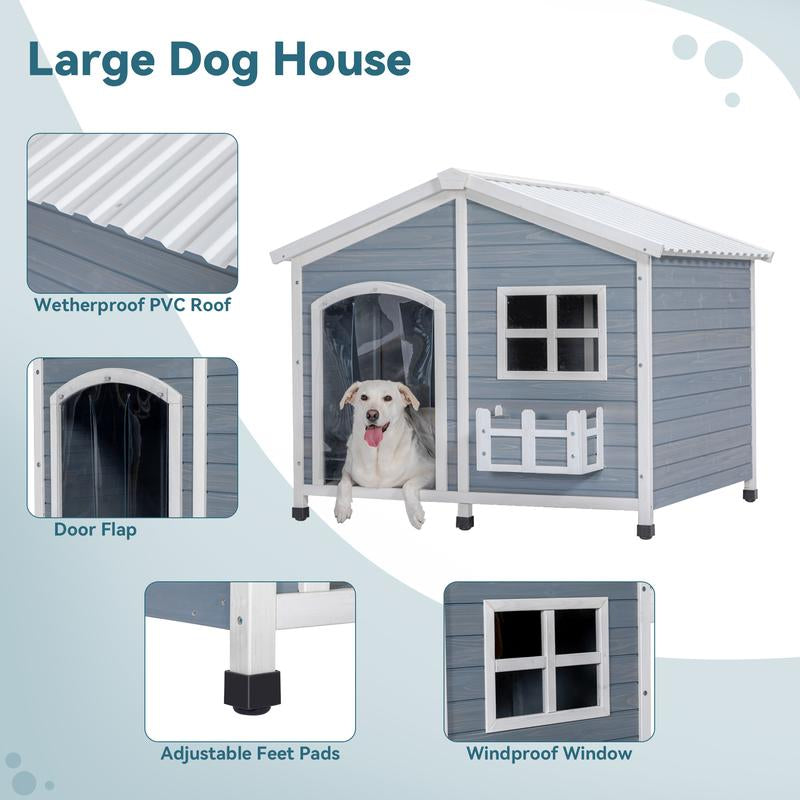 [5-Year Warranty] Petsfit 47" Solid Wood Dog House, 200Lbs Weight Capacity & Waterproof PVC Roof, Extra Large Outdoor Dog Kennel for 2 Medium Dogs, Easy-Clean Removable Floor, All-Weather Shelter, Gray