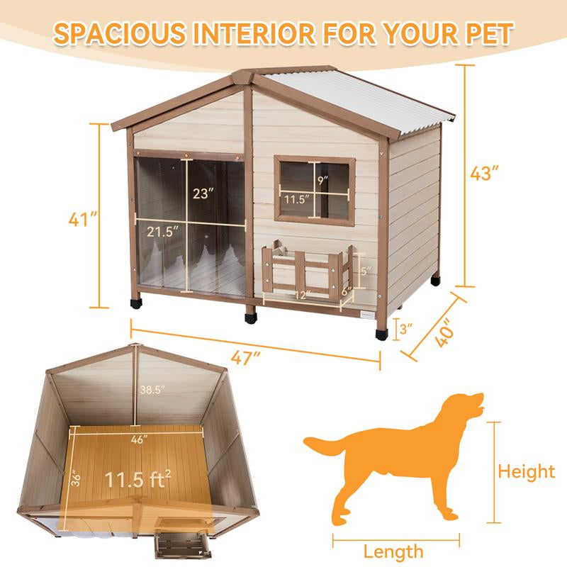 [5-Year Warranty] Petsfit 47" Solid Wood Dog House, 200Lbs Weight Capacity & Waterproof PVC Roof, Extra Large Outdoor Dog Kennel for 2 Medium Dogs, Easy-Clean Removable Floor, All-Weather Shelter, Gray