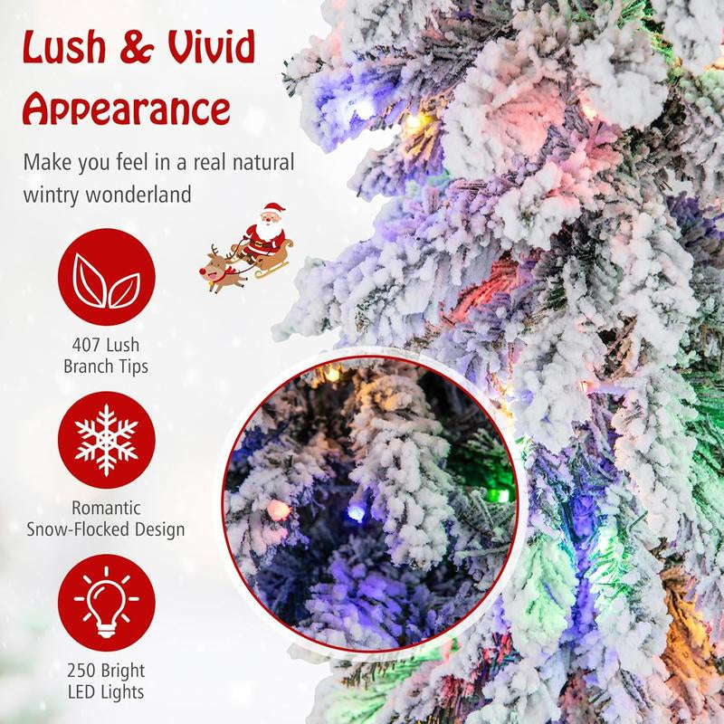COSTWAY Pre-Lit Artificial Christmas Tree, Snow Flocked Slim Pencil Christmas Tree with Multi-Color & Warm-White LED Lights, Xmas Holiday Decoration Tree
