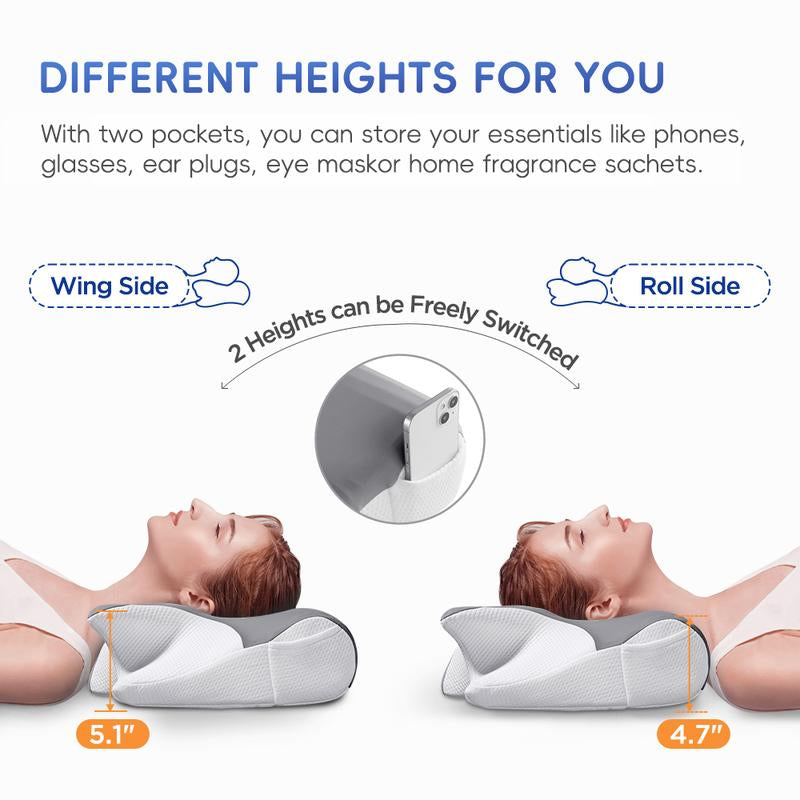 Memory Foam Neck Pillow , Adjustable Ergonomic Memory Foam Neck Pillows， Cervical Support, Breathable & Removable Pillowcase， for Side Sleep ，Stomach and Back Sleeper