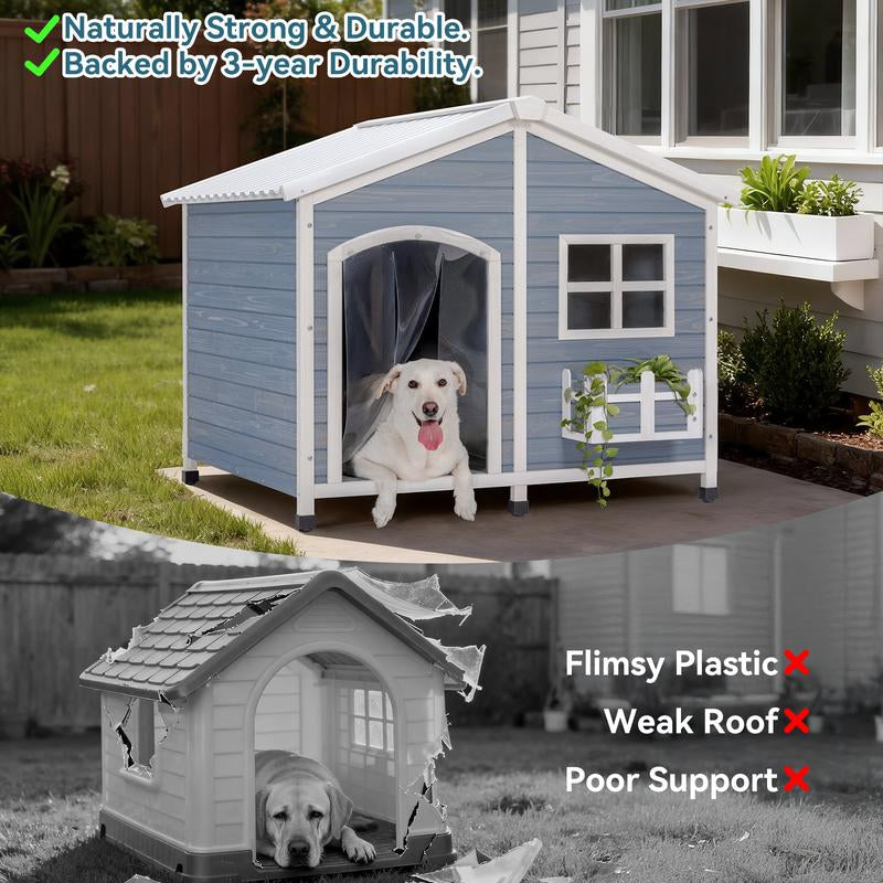 [5-Year Warranty] Petsfit 47" Solid Wood Dog House, 200Lbs Weight Capacity & Waterproof PVC Roof, Extra Large Outdoor Dog Kennel for 2 Medium Dogs, Easy-Clean Removable Floor, All-Weather Shelter, Gray