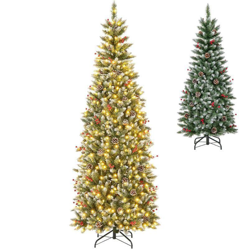 COSTWAY Pre-Lit Artificial Christmas Tree, Snow Flocked Slim Pencil Christmas Tree with Multi-Color & Warm-White LED Lights, Xmas Holiday Decoration Tree